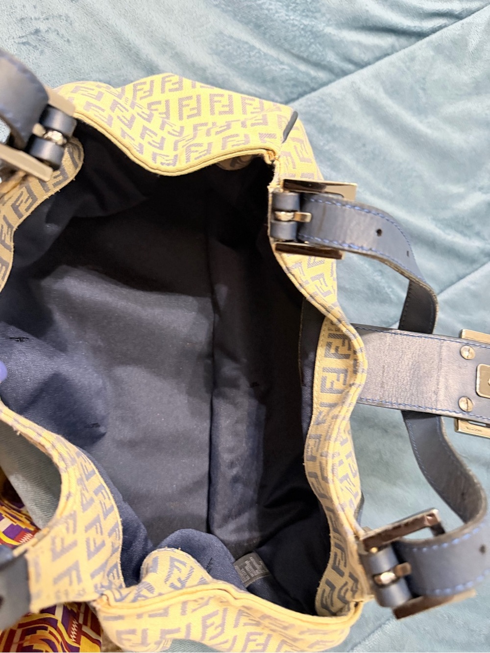 Fendi Beige FF Canvas Shoulder Bag with Blue Leather Trim - Picture 3 of 4